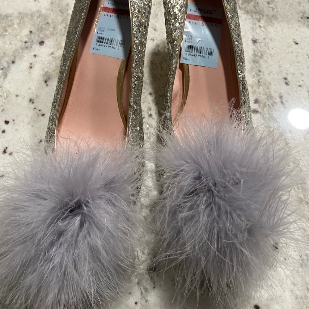 Kate Spade Silver Glitter Heels with Lavender Feather
